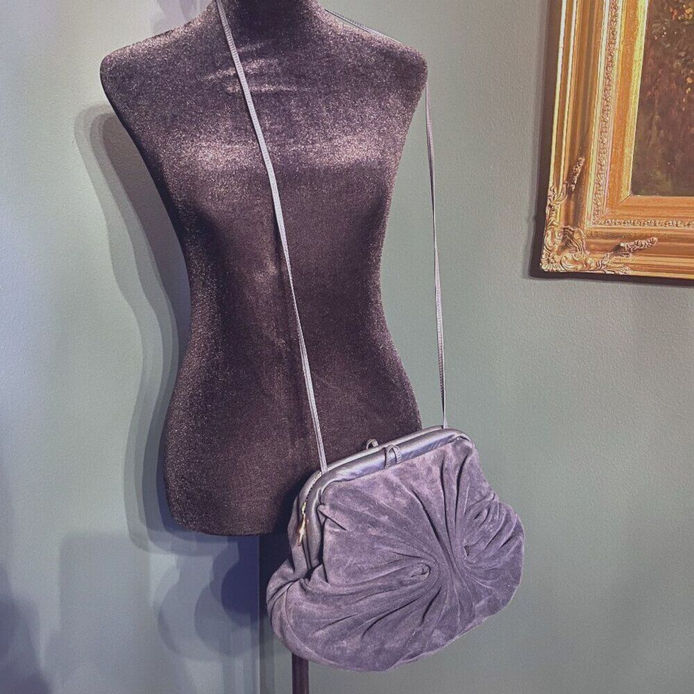 EUC Vintage Navy Blue Suede Fan Pleat Convertible Clutch Etra Purse Handbag